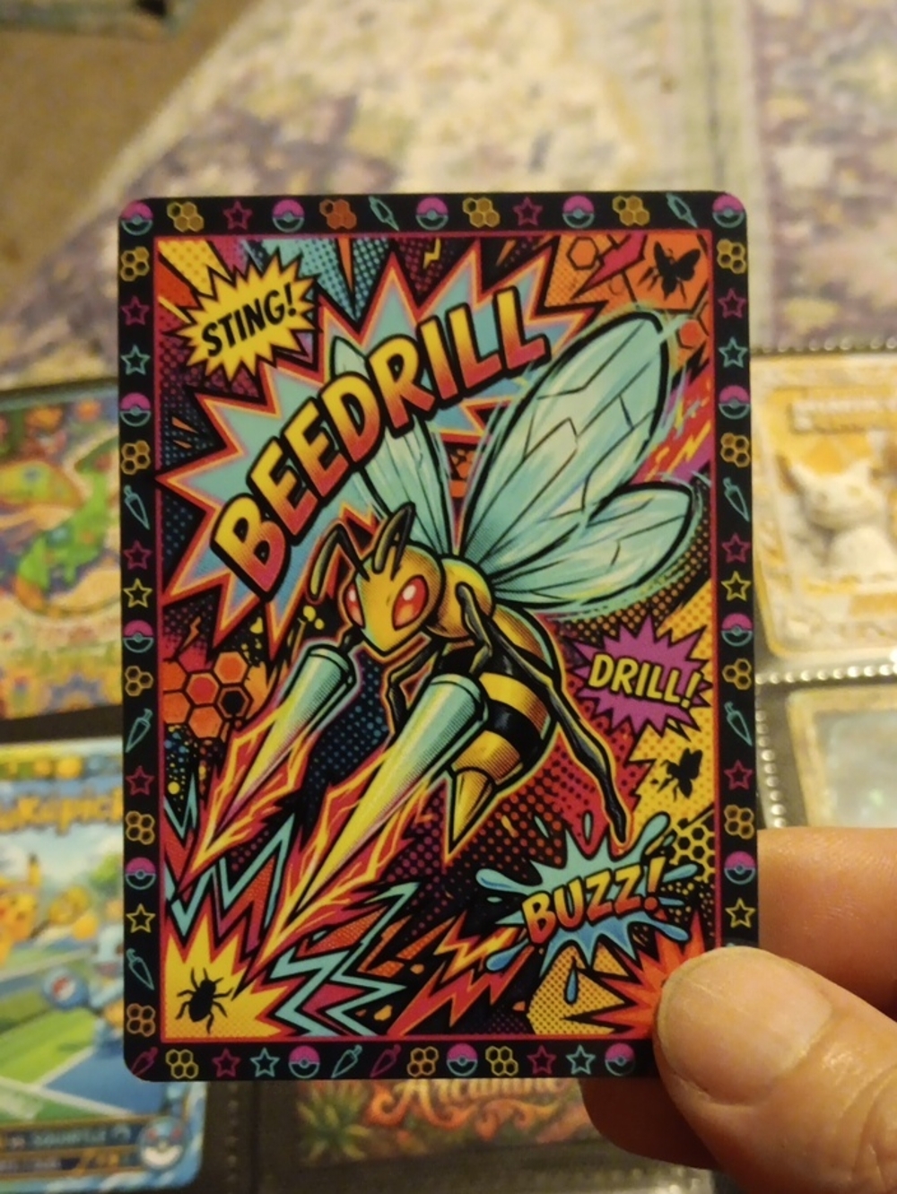 Beedrill Illustrated Trading Card - Vibrant Yellow & Cyan